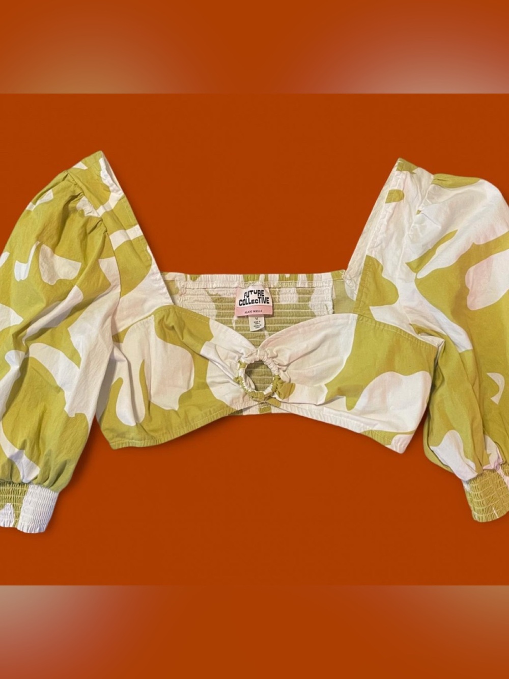 Future Collective Olive & White Ring-Front Puff Sleeve Crop Top